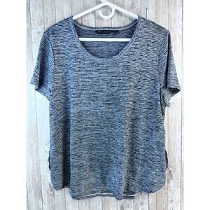 Athleta Breezy Tee Womens L Navy Heather Striped Split Sides Mesh Back Crew Neck